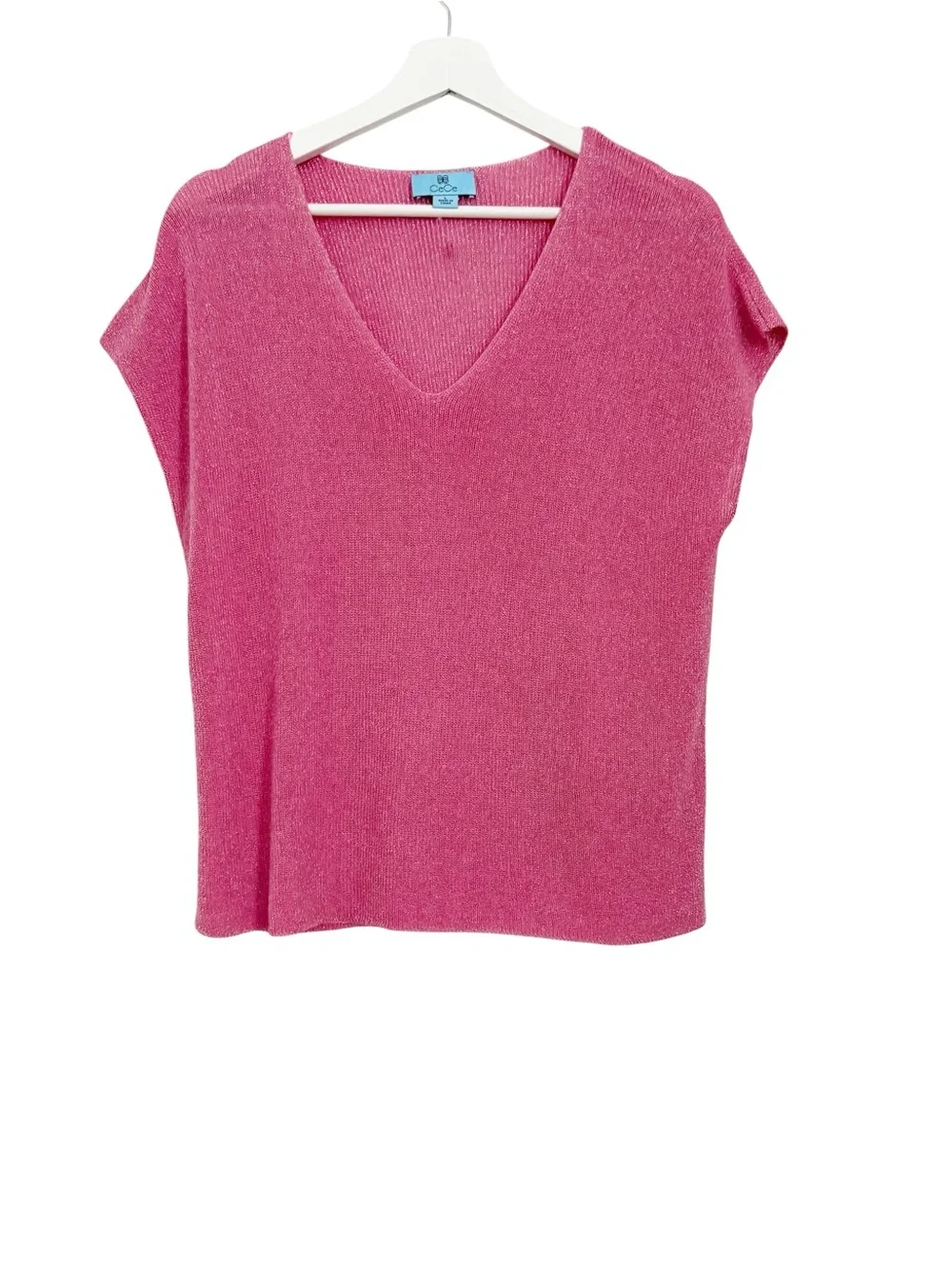 CeCe Shimmer Pink V-Neck Short Cap Sleeve Sweater Knit